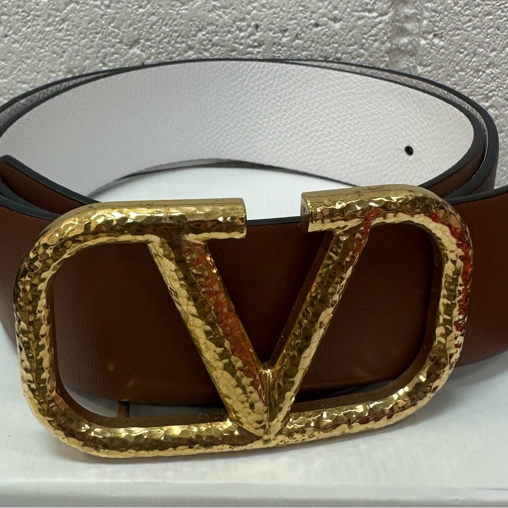 Valentino Garavani Brown Belt with Hammered Gold Buckle